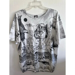 Alaska Men's Black & White Short Sleeves Wolf Printed T-Shirt Size XL